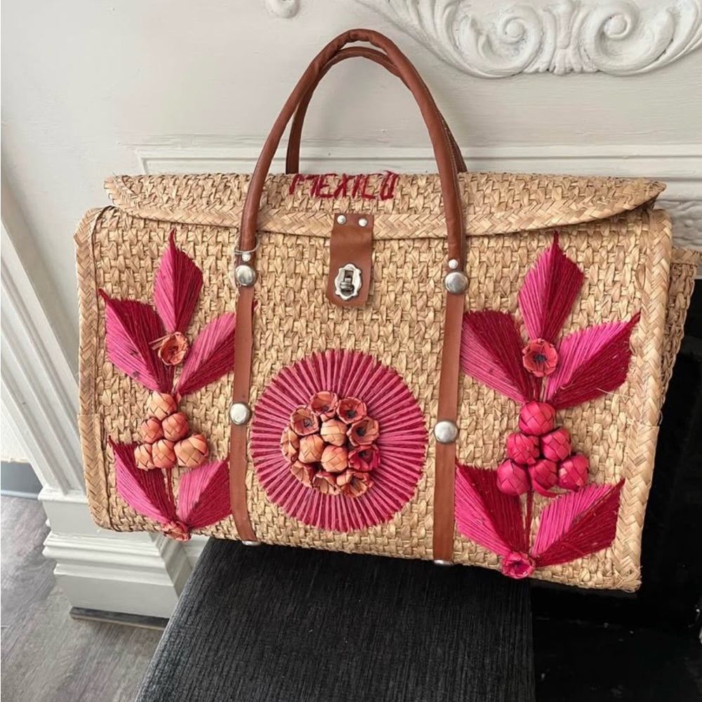 Woven Straw Tote Bag with Pink Floral Embellishments
